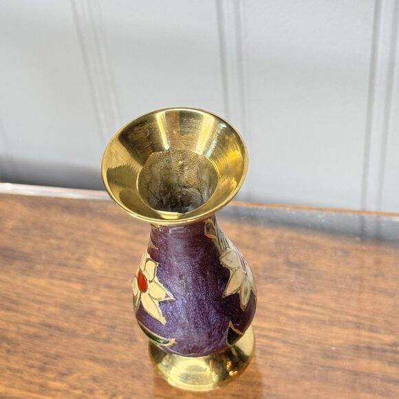 Vintage Brass Mini Bud Vase Hand Painted Floral Enamel Cloisonné Style 3” Small - Picture 5 of 7